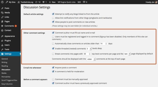 settings for managing comments sitewide