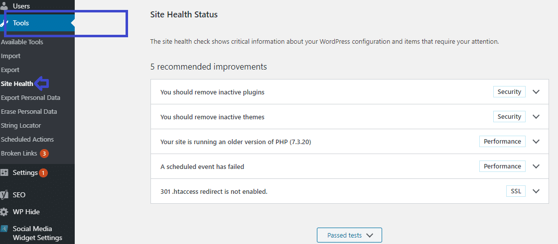 Wordpress Dashboard and Path for Site Health Check
