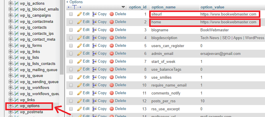 updating the WordPress site URL using phpMyAdmin for fixing database errors in Hostgator/Godaddy