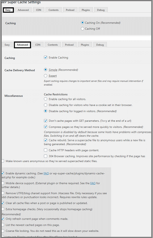 Recommended settings in 'Super Cache' plugin to make web pages fast loading