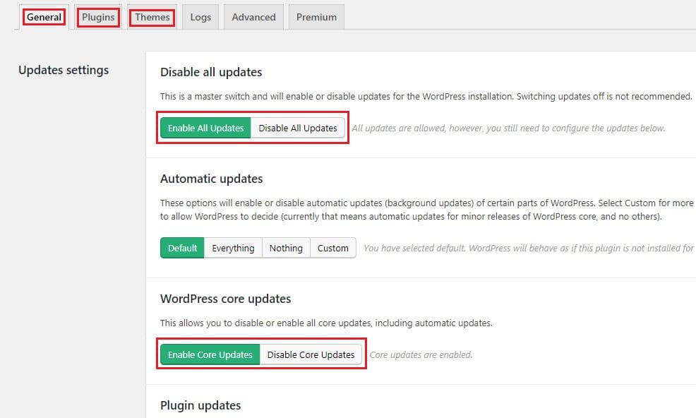 turning off wordpress auto update with plugin