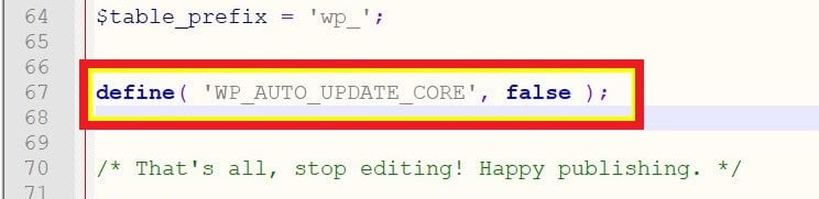 Code to disable wordpress core auto update